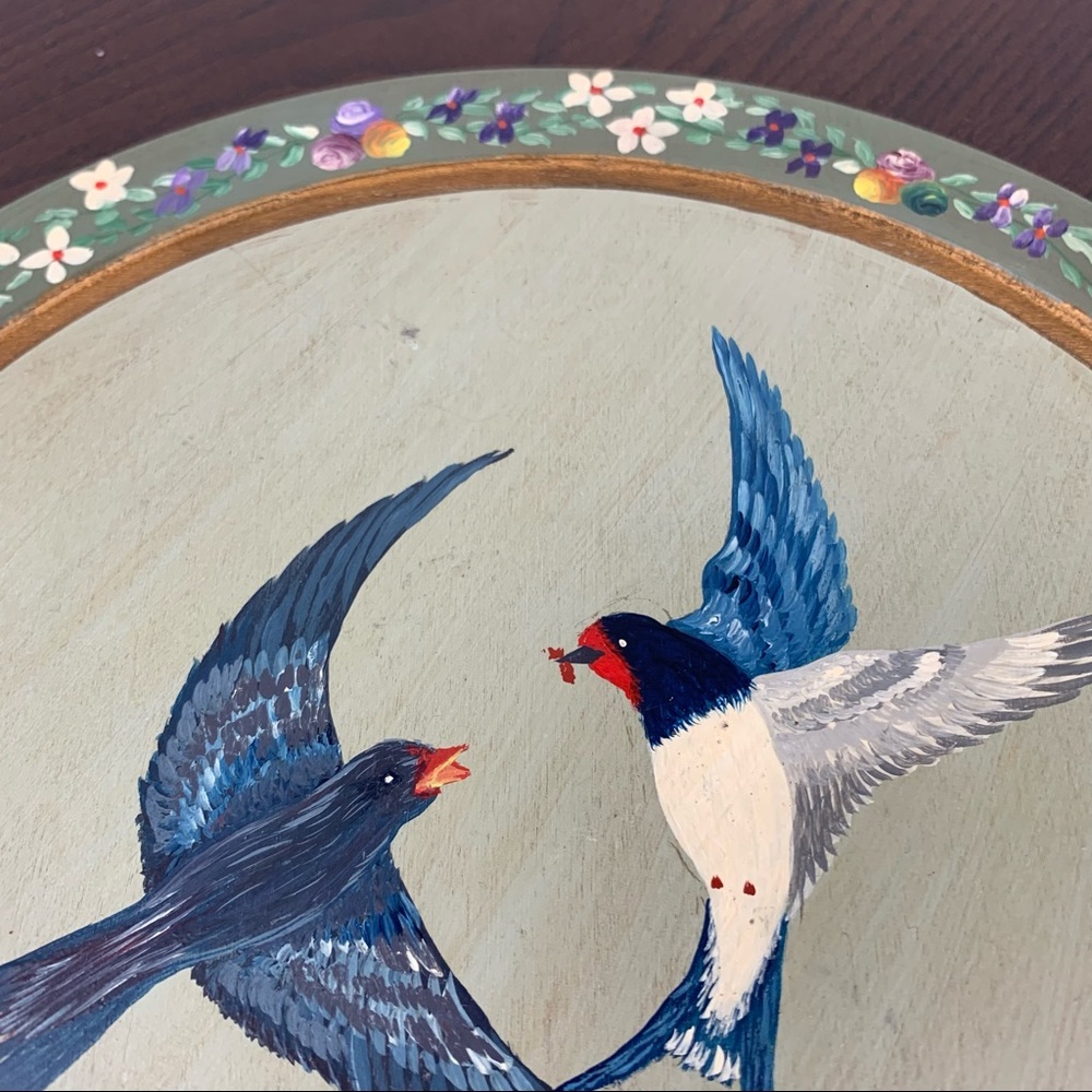 Vintage Handpainted Wooden Plate Plaque Wall Decor Birds Flowers Cottagecore - Picture 3 of 5